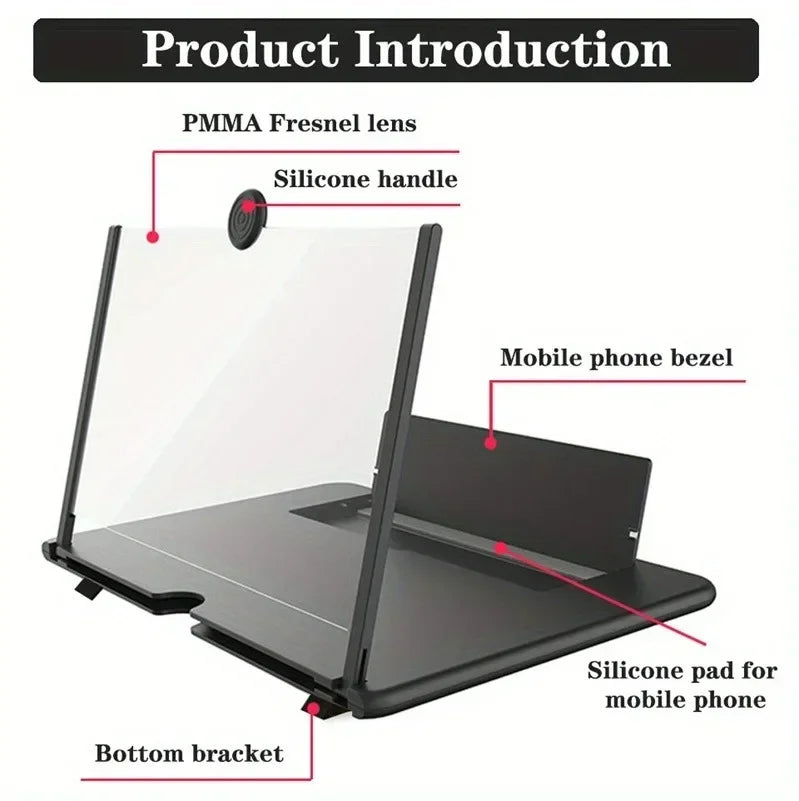 Product diagram showing PMMA Fresnel lens, silicone handle, and mobile phone bezel